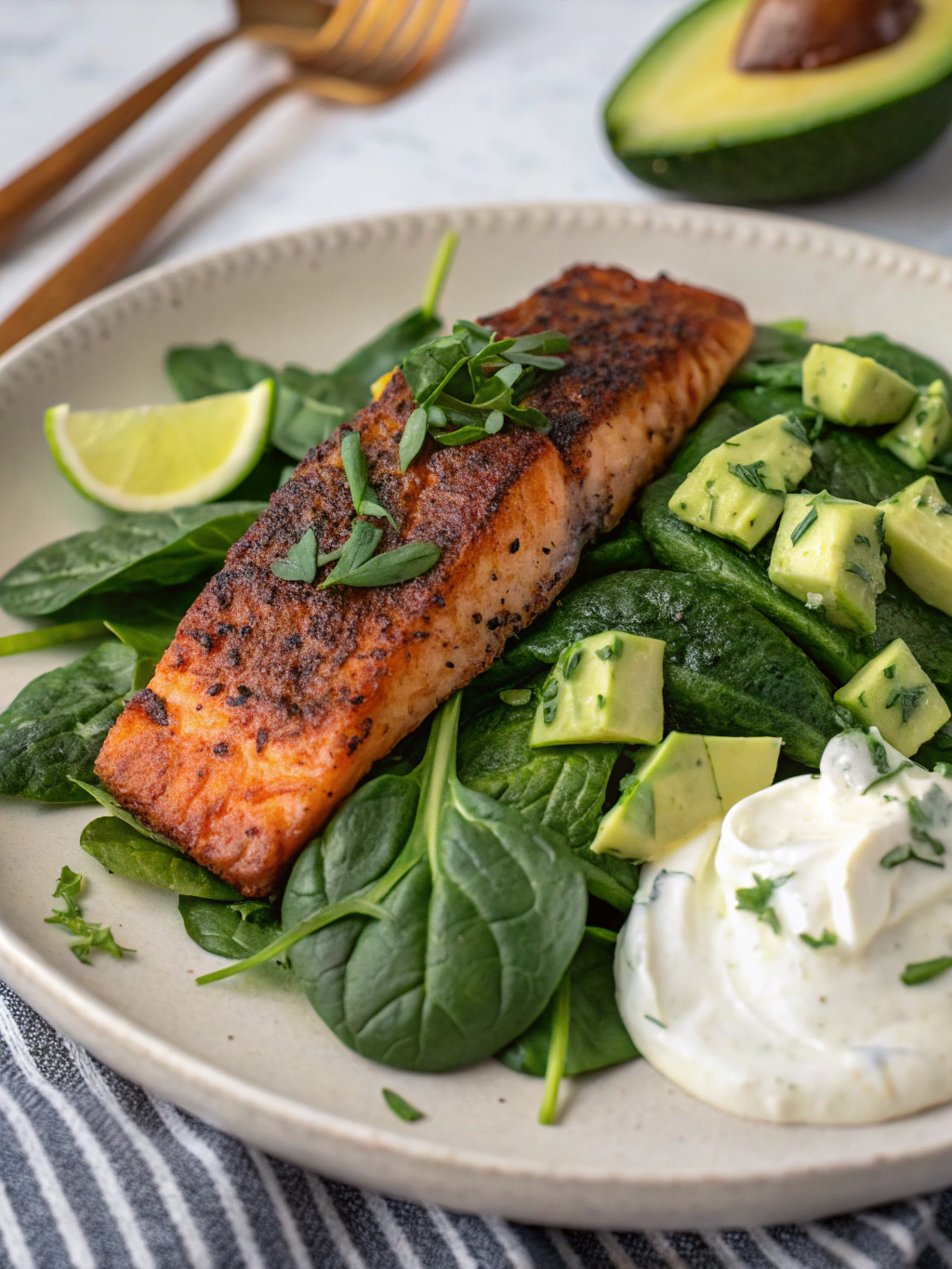 Blackened Salmon with Sauteed Spinach and Creamy Avocado Salad ingredients