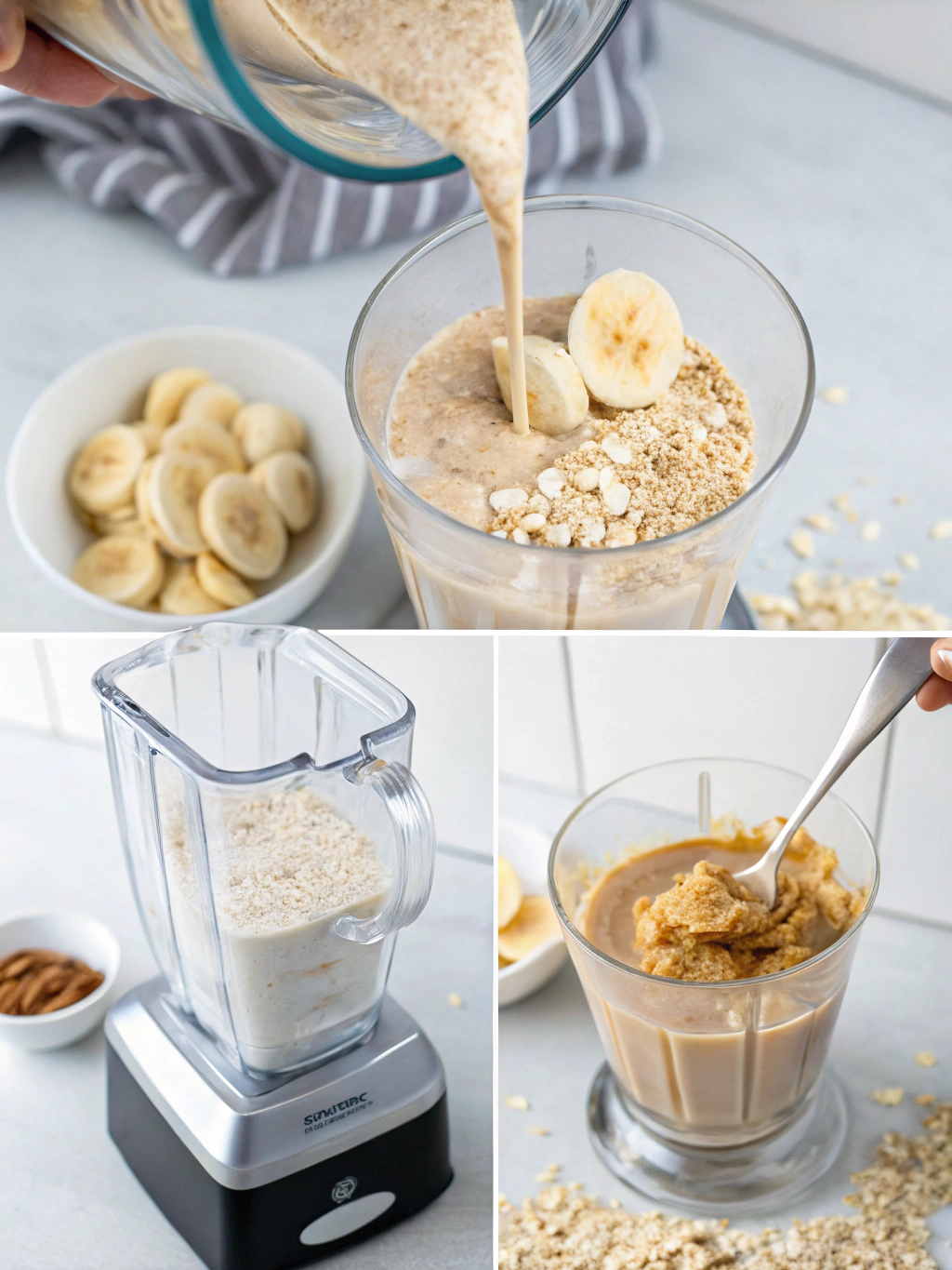 banana oat breakfast smoothie preparing steps