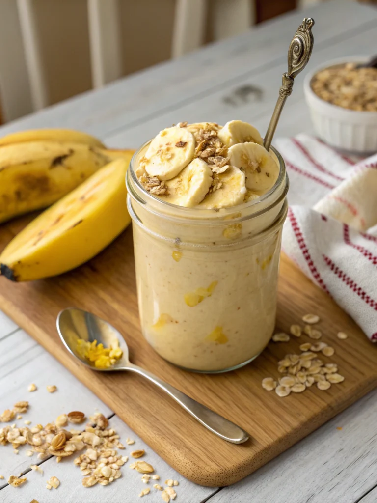 A refreshing banana oat smoothie topped with sliced bananas and granola, served in a glass jar on a wooden board next to fresh bananas and a spoon.