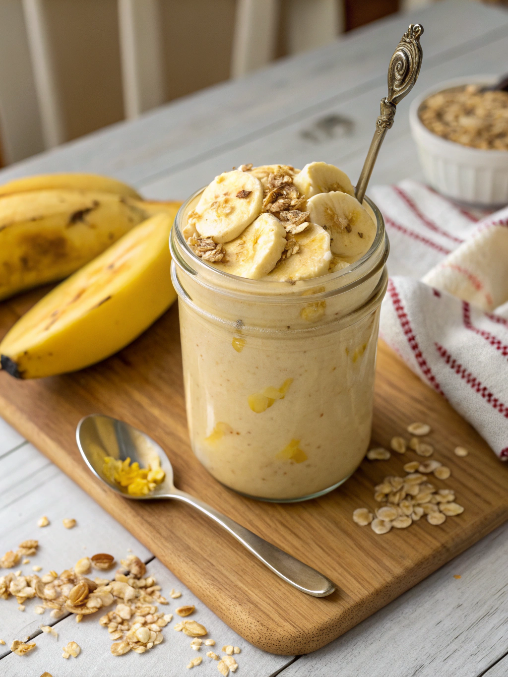 A refreshing banana oat smoothie topped with sliced bananas and granola, served in a glass jar on a wooden board next to fresh bananas and a spoon.