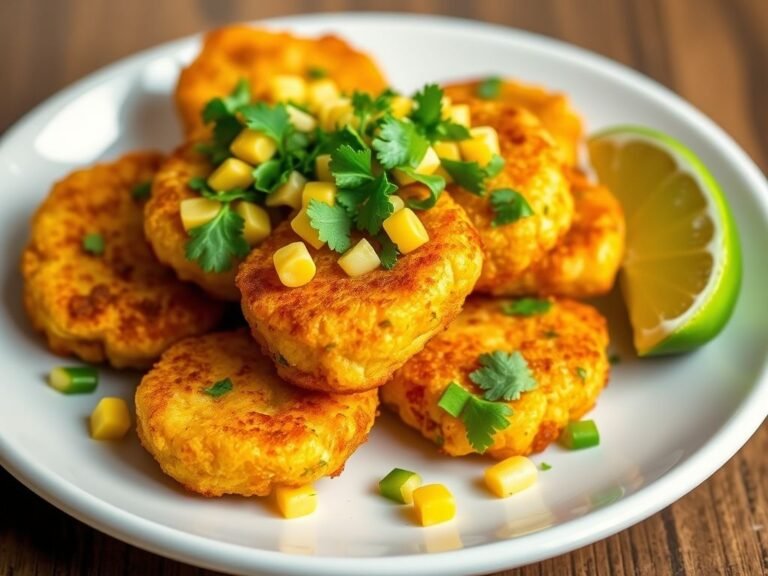 high quality magazine worthy Photograph of crispy, golden-brown corn nuggets topped with diced corn, chopped cilantro, and a lime wedge on a white plate.