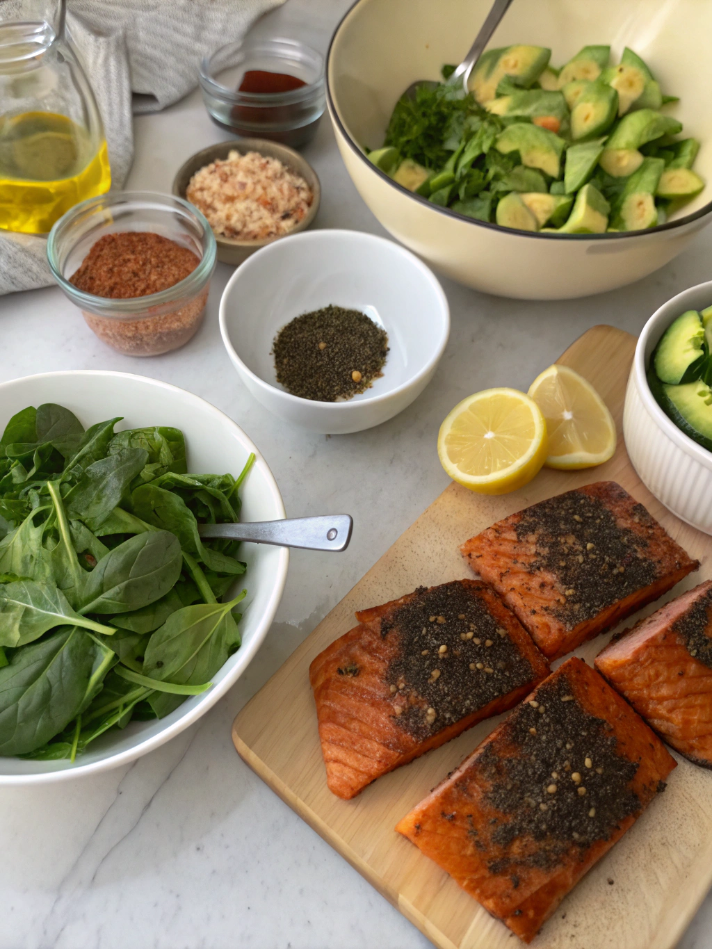 Blackened Salmon with Sauteed Spinach and Creamy Avocado Salad preparing steps