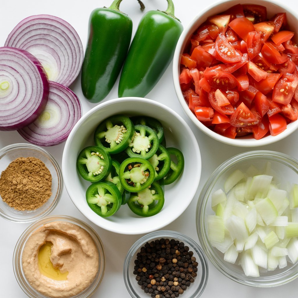 Photograph of assorted ingredients on a white surface: sliced red onions, whole green jalapeños, white bowl of sliced jalapeños, bowl of chopped tomatoes, small bowls of ground cumin, black peppercorns, white onion chunks, and a small bowl of tahini sauce.